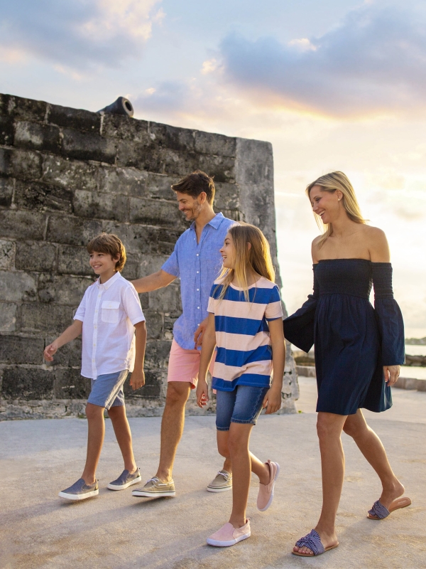 A family touring a fort in Nassau Paradise Island, The Bahamas